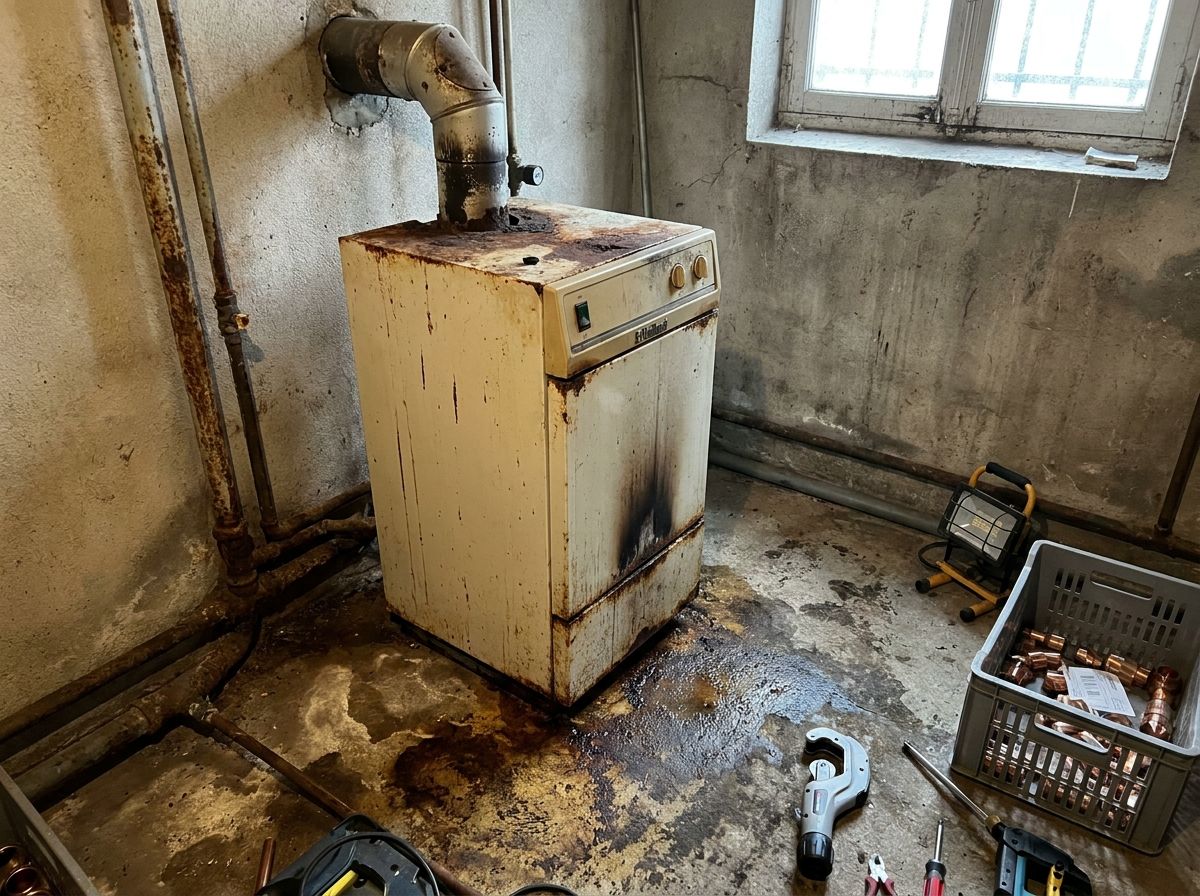 Vieille chaudière au sol rouillée dans un sous-sol sale