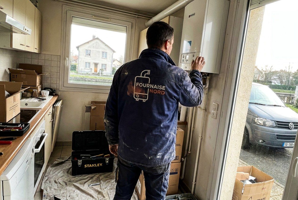 Technicien Fournaise Nord de dos réglant une chaudière murale dans une cuisine